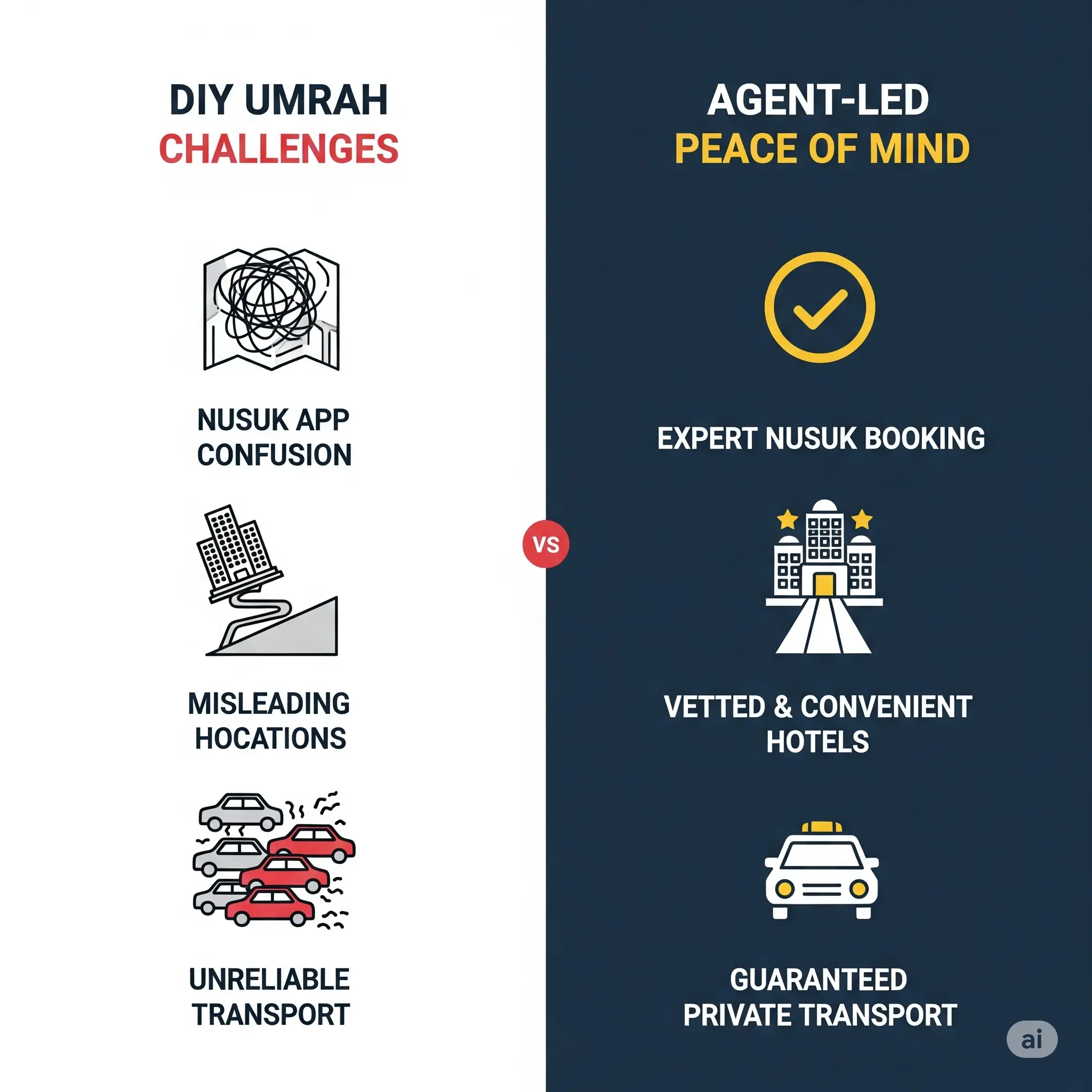 Infographic comparing the stress of a DIY Umrah versus the peace of mind with a trusted travel agent