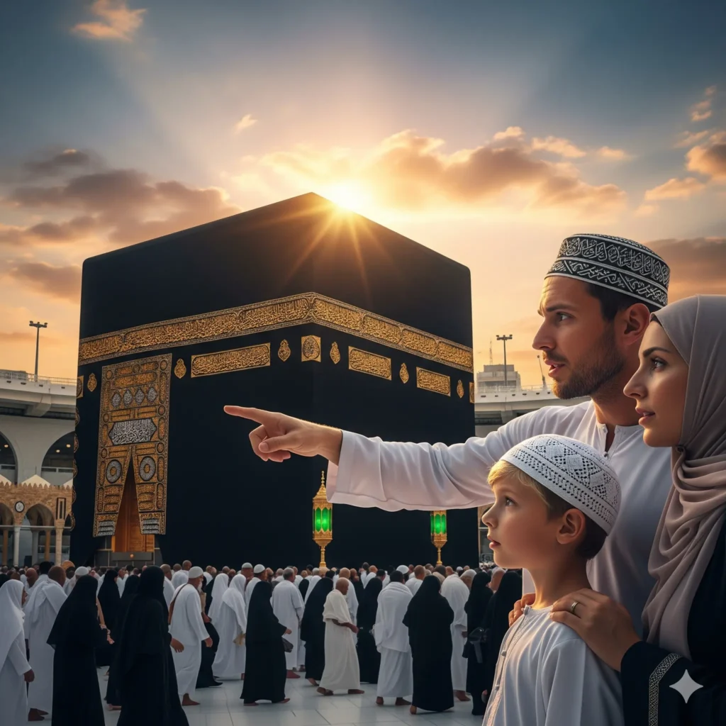 A Belgian Muslim family looking reverently at the Kaaba in Makkah, considering their options for an Umrah package from Belgium