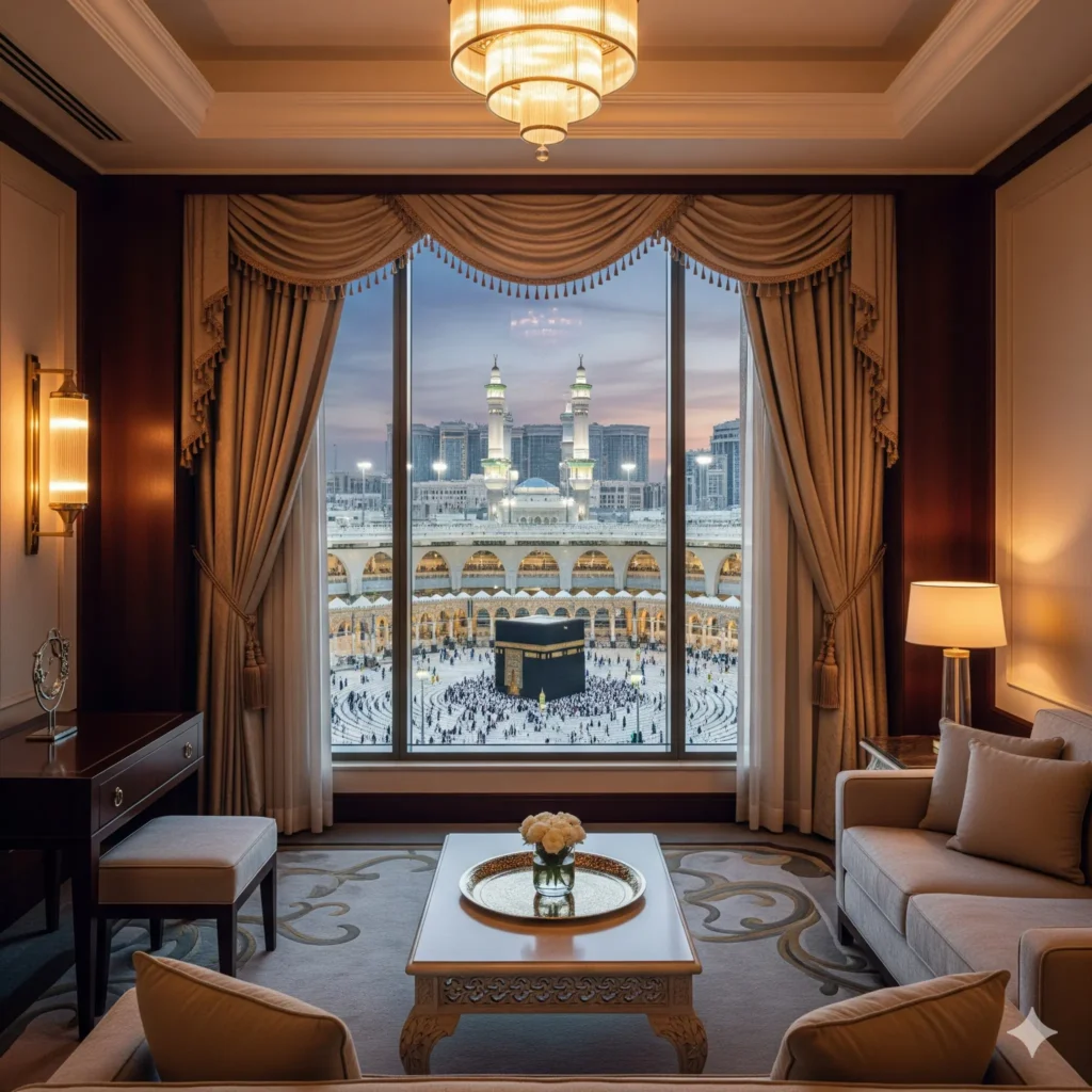 A breathtaking view of the Kaaba from a luxury hotel suite, a key feature of a premium Umrah package from Belgium.