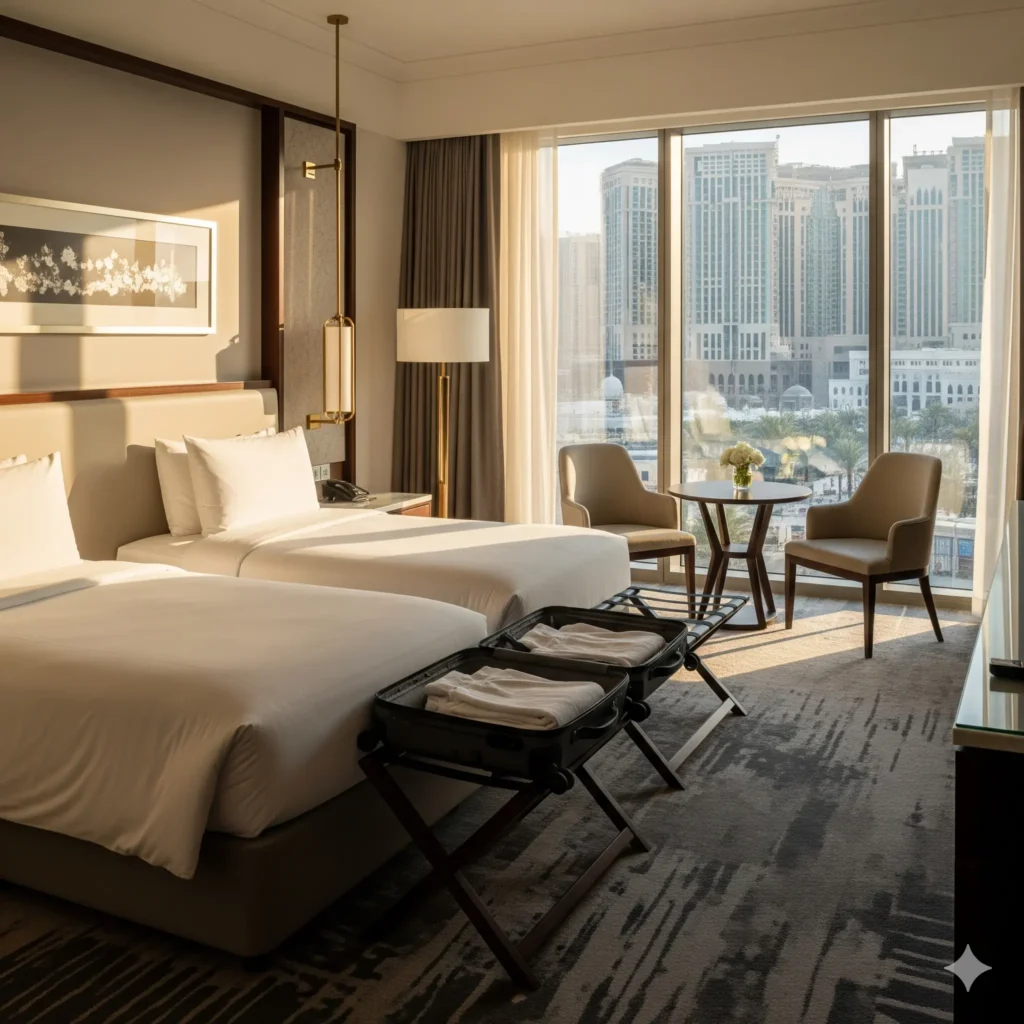 A comfortable and modern 5-star hotel room included in a standard Umrah package, offering a balance of comfort and value for Belgian pilgrims