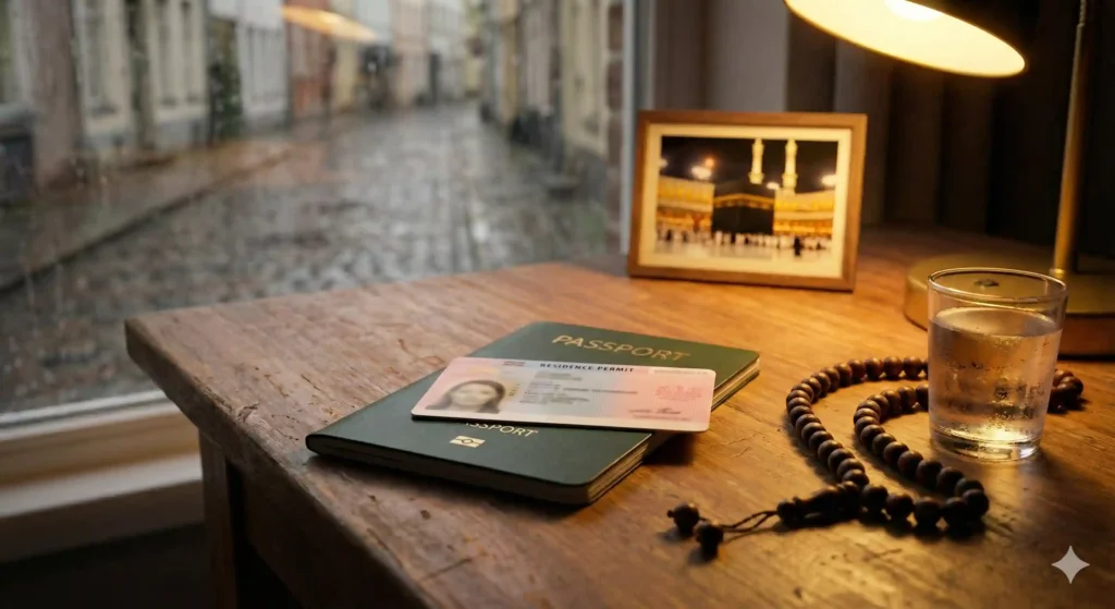 Umrah from Europe 2026: Visa Guide for Italy & Netherlands Residents 1 European residence permit card and passport on a desk with prayer beads, illustrating the specific Umrah visa requirements for residents of Italy, Netherlands, and Belgium in 2026.