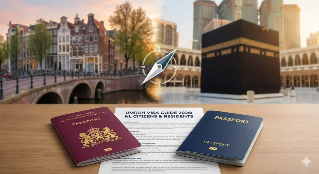 Umrah Visa from Netherlands 2026: The Complete Guide for Citizens vs. Residents 1 Composite image showing a Dutch passport and a generic passport on a desk with an "Umrah Visa Guide 2026" document. The background is a split view of an Amsterdam canal and the Kaaba in Mecca, with a compass graphic in the center.